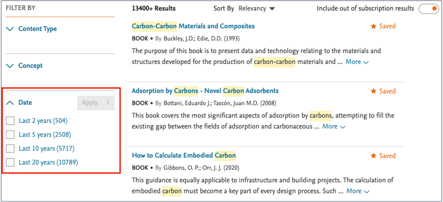 Screenshot of search results refinement filter